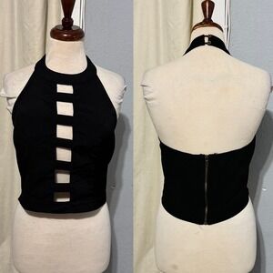 TOP‎ CHIC Y2K Black Cutout Halter Crop Top Zipper Back Gothic Punk Women L Rock
